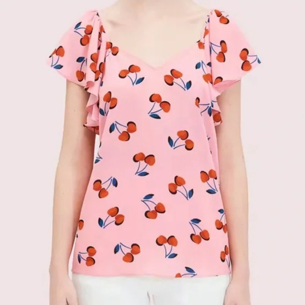 Kate Spade Pink Ruffle Sleeve Cherry Top